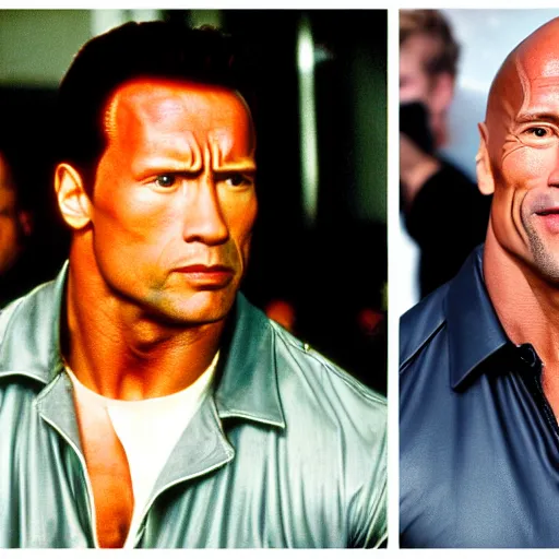 Image similar to ( dwayne rock johnson ) have a body and face of arnold arnold schwarzenegger from terminator movie. symmetric face, coherent face, coherent eyes, symmetric eyes