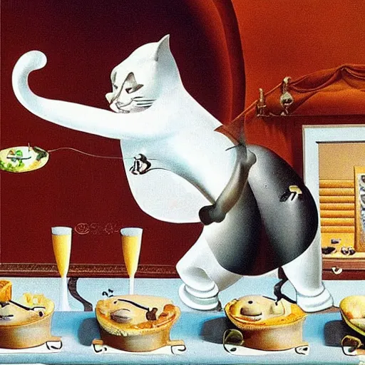 Image similar to anthropomorphic cats chef competing at the Masterchef TV show, by Salvador Dali