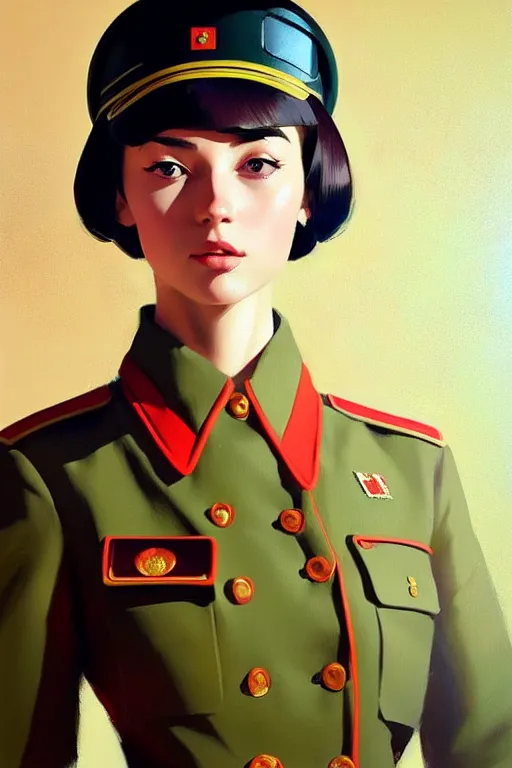 Image similar to a ultradetailed beautiful panting of a stylish woman wearing a soviet uniform, oil painting, by ilya kuvshinov, greg rutkowski and makoto shinkai, trending on artstation