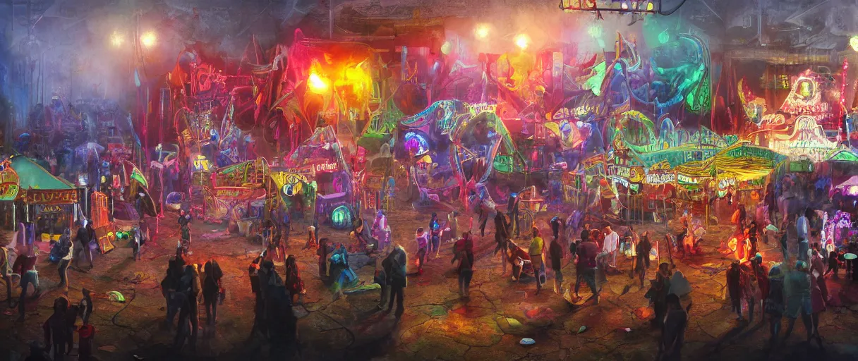 Image similar to a rendered painting of a run down horror carnival, lots of detail, volumetric lighting, concept art, digital painting, trending on artstation, vivid colours