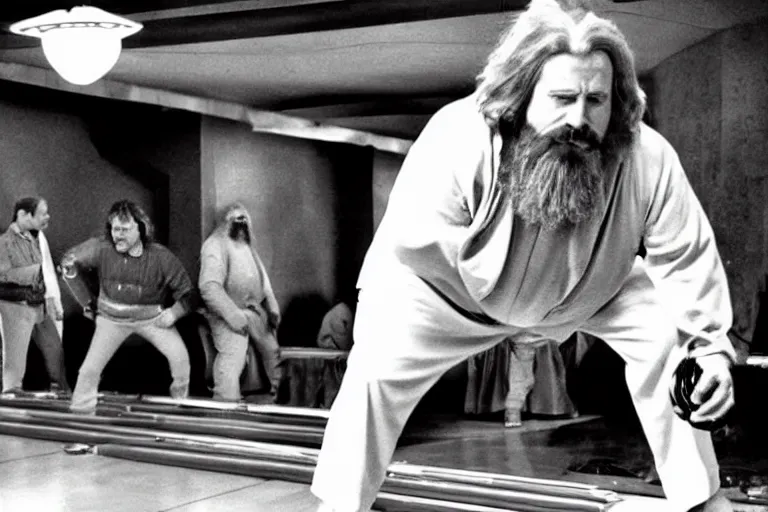 Prompt: A side shot of The Dude from The Big Lebowski bowling in the Mos Eisley Cantina from Star Wars