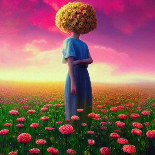 Image similar to head made of carnations flower, girl standing in a vast flower field, surreal photography, sunrise dramatic light, impressionist painting, colorful clouds, large sky, digital painting, artstation, simon stalenhag, flower face