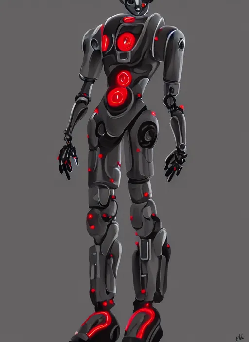 Prompt: a robot wearing a black grey and red outfit, full body shot, highly detailed, digital painting, artstation, concept art, smooth, sharp focus, illustration, cartoon