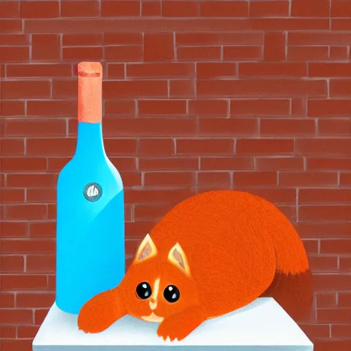 Image similar to an orange cat and a Pomeranian stuffed into a clear wine bottle on the mantle of a brick fireplace, digital illustration