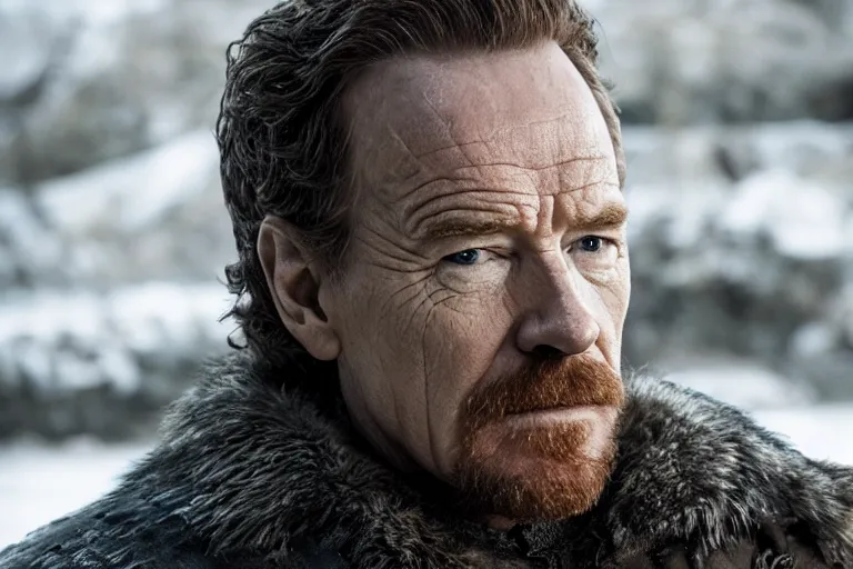 Prompt: promotional image of Bryan Cranston as a Stark soldier in Game of Thrones Season 3 (2013), detailed face, movie still, promotional image, imax 70 mm footage