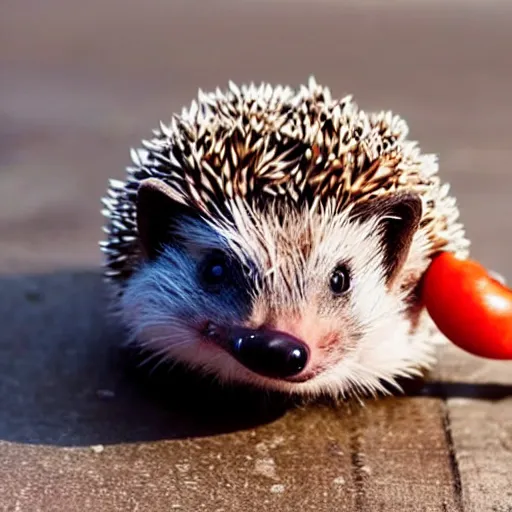 Prompt: still image of a cute hedgehog with pepperoni stuck to its back, photo