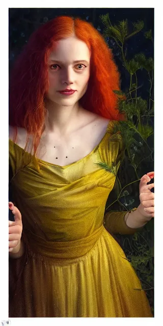 Image similar to infp young woman, smiling amazed, golden fireflies lights, full covering intricate detailed dress, amidst nature, long red hair, precise linework, accurate green eyes, small nose with freckles, beautiful oval shape face, realistic, expressive emotions, dramatic lights, hyper realistic ultrafine art by artemisia gentileschi, jessica rossier, boris vallejo