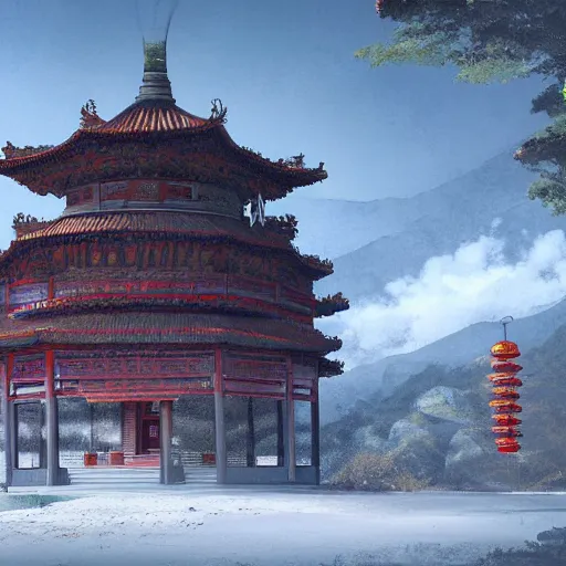 Prompt: A digital painting of a chinese temple in the mountains, by Greg Rutkowski, trending on Artstation