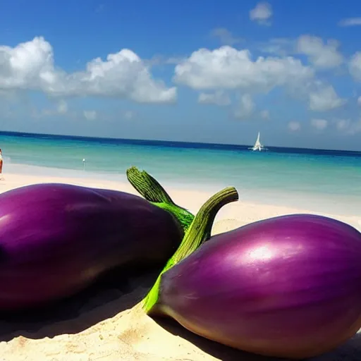 Prompt: huge eggplant sunbathing on the beach among people, photo,