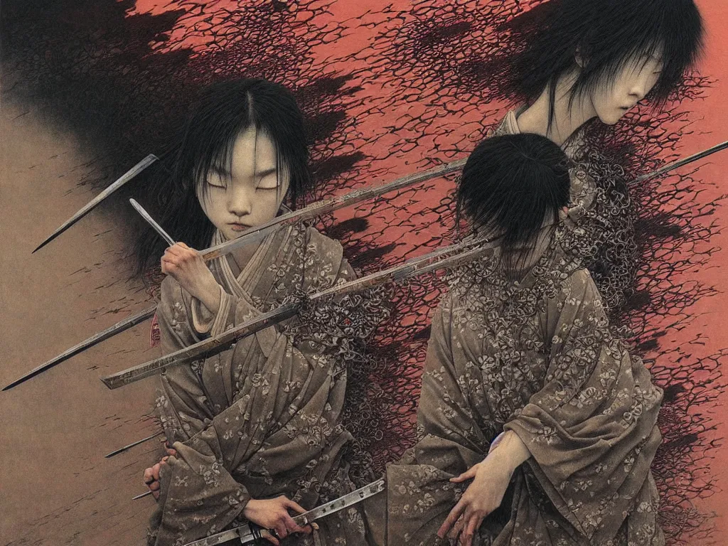 Image similar to Japanese schoolgirl runs away from Samurai with a katana on the subway, high detailed Beksinski painting, part by Adrian Ghenie and Gerhard Richter. art by Takato Yamamoto. masterpiece