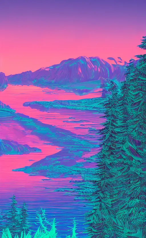 Prompt: beautiful award winning synthwave painting of a canadian lake, extreme detail, mobile wallpaper, digital art, 4 k, ultra hd