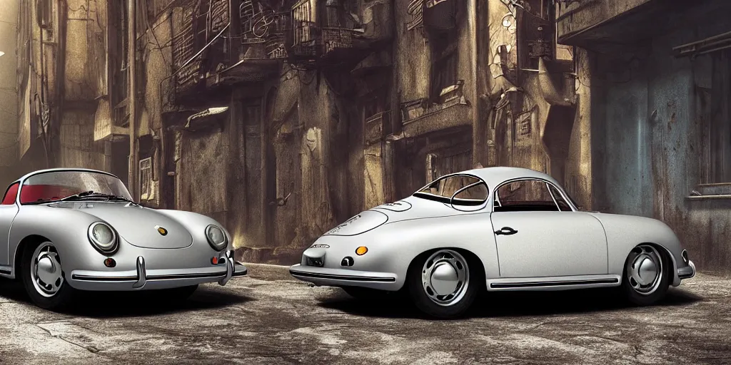 Image similar to a wholesome animation key shot of a focused old silver Porsche 356 roadster car parked in an abandoned alleyway, medium shot, waist up, studio Ghibli, Pixar and Disney animation, sharp, very detailed, high resolution, Rendered in Unreal Engine 5, anime key art by Greg Rutkowski, Bloom, dramatic lighting