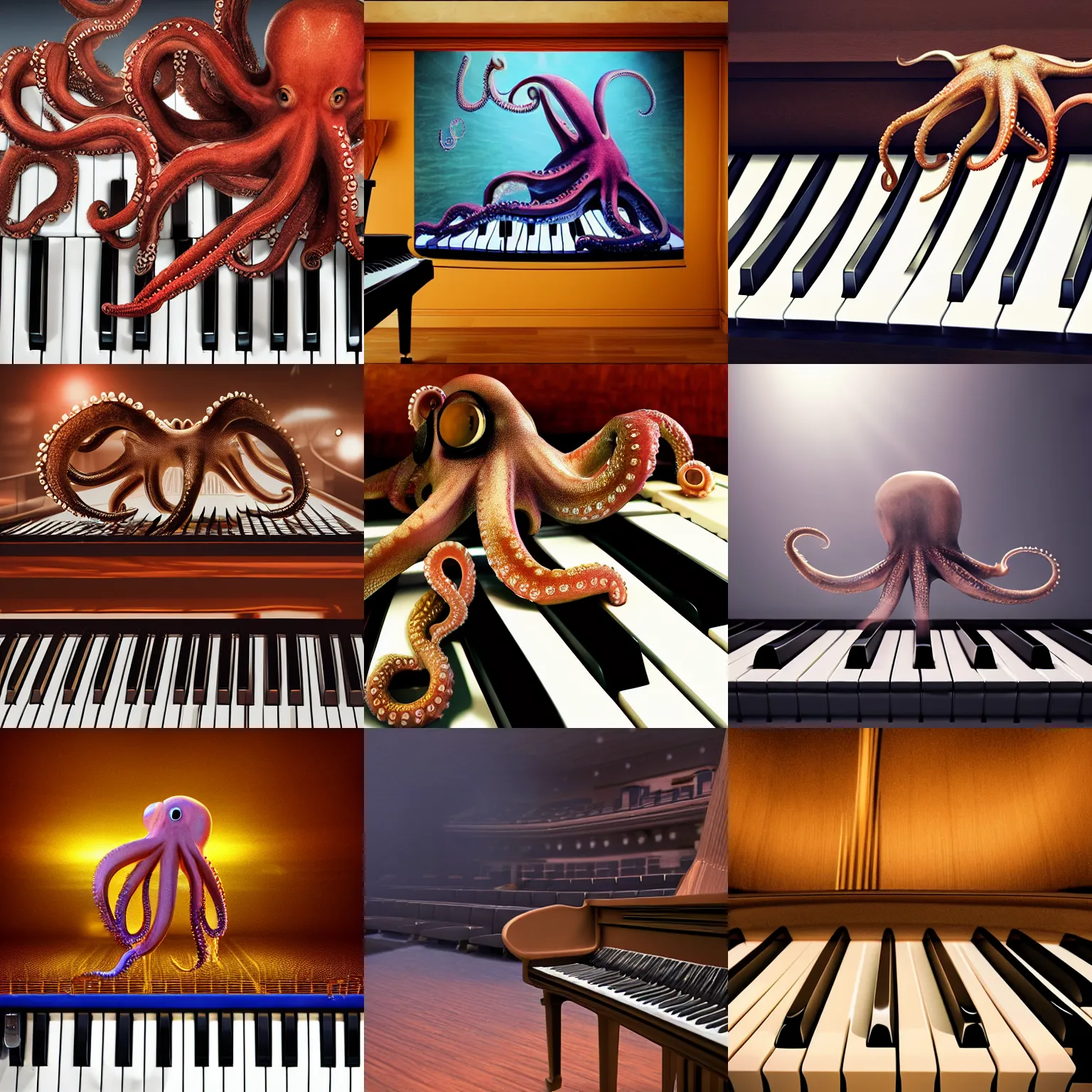 Prompt: octopus playing piano, concert hall, photorealistic, 4 k, sunlight