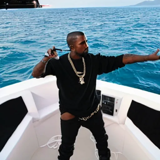 Prompt: kanye west performing a live concert on a small boat in the middle of the ocean