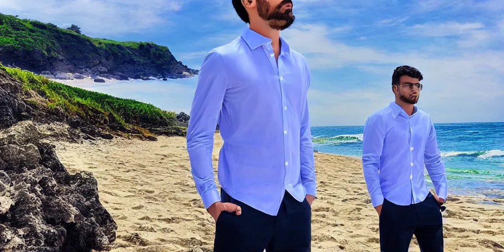 Image similar to a handsome guy is standing tall, in a beautiful shirt, with the beach, sea, sun, rays in the background? super detail, one character