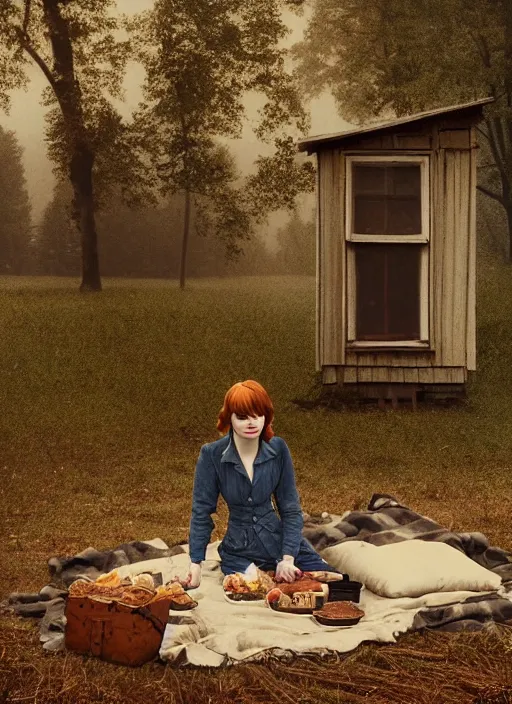Image similar to portrait bust of emma stone having a picnic with tom holland, solemn expression, faded color film, russian cinema, tarkovsky, kodachrome, old cabin, next to window, heavy forest outside, long brown hair, old clothing, heavy fog, hudson river school, 4 k, dramatic lighting, greg rutkowski