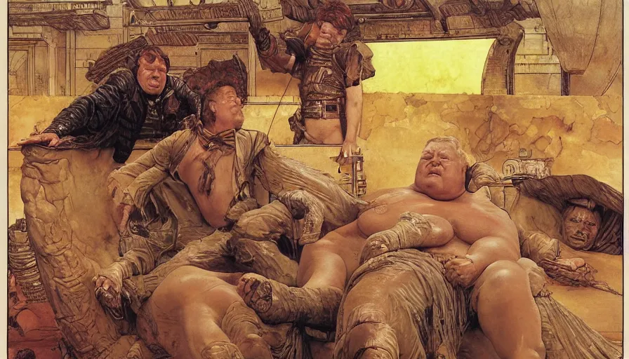 Image similar to movie scene of baron vladimir harkonnen in dune, by lawrence alma tadema and rick berry and norman rockwell and greg staples and jack kirby, directed by david lynch