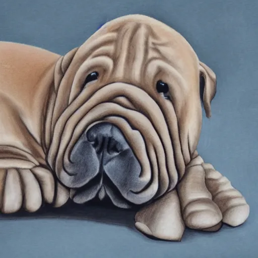 Prompt: photorealistic shar pei staring at a loaf of bread