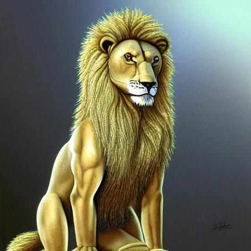 Image similar to an anthropomorphic lion, furry fursona furaffinity, by jim burns, james gurney, and david a. hardy