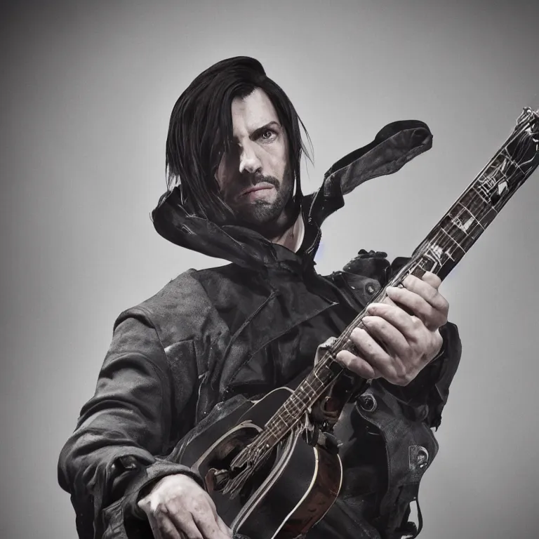 Image similar to corvo attano from dishonored game plays guitar, official music video, shot on sony a 7, studio recording