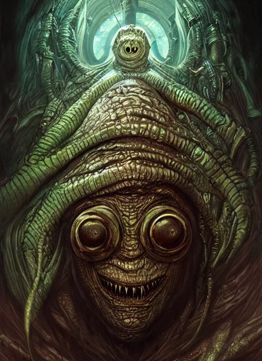 Image similar to eldritch spaceship mf doom reptile eyes, horror movie poster, intricate, elegant, highly detailed, centered, digital painting, artstation, concept art, smooth, sharp focus, illustration, artgerm, tomasz alen kopera, peter mohrbacher, donato giancola, joseph christian leyendecker, wlop, frank frazetta