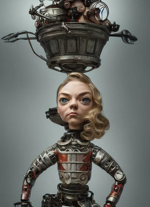 Image similar to full body of a tin toy natalie dormer, depth of field, zeiss lens, detailed, symmetrical, centered, fashion photoshoot, by nicoletta ceccoli, mark ryden, lostfish, earl nore, hyung tae, frank frazetta, breathtaking, 8 k resolution, extremely detailed, beautiful, establishing shot, artistic, hyperrealistic, octane render