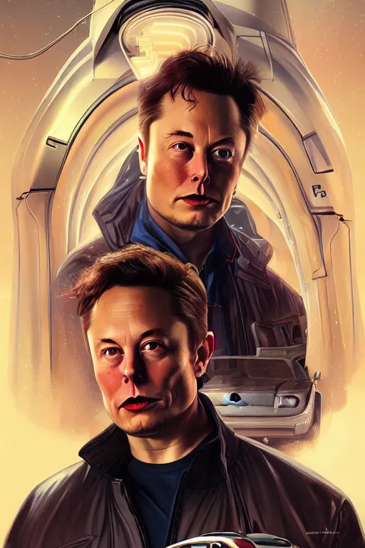 Image similar to elon musk as marty mcfly near delorean, realistic portrait, symmetrical, highly detailed, digital painting, artstation, concept art, smooth, sharp focus, illustration, cinematic lighting, art by artgerm and greg rutkowski and alphonse mucha