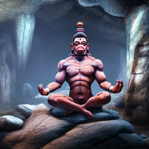 Image similar to photo realistic Hanuman meditating in caves of magical world, foggy ,muscular body,glowing effect, clean clear face,artstation, devianart, hyperreal, hyperdetailed, 8k,hd