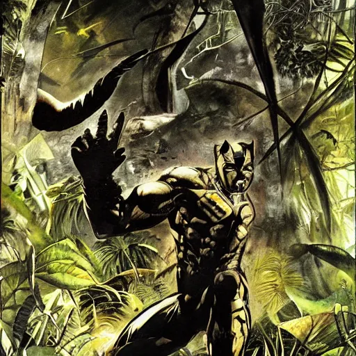 Image similar to black panther in the jungle by dave mckean and yoji shinkawa, oil on canvas