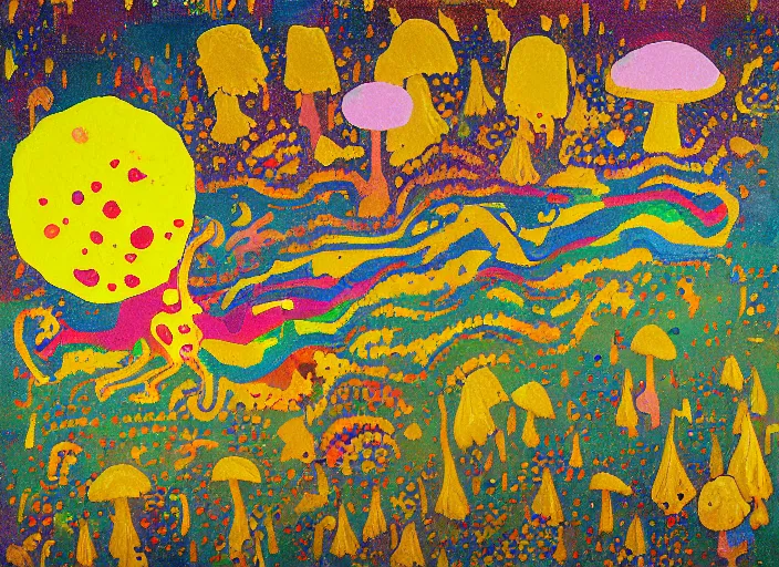 Image similar to pixel decollage painting golden armor alien zombie horseman riding on a crystal bone dragon broken rainbow diamond maggot horse in a blossoming meadow full of colorful mushrooms and golden foil toad blobs in a golden sunset, distant forest horizon, painted by Mark Rothko, Helen Frankenthaler, Danny Fox and Hilma af Klint, pixelated, neo expressionism, semi naive, pastel colors, cinematic, color field painting, cave painting, voxel, pop art look, outsider art, minimalistic. Bill Traylor painting, part by Philip Guston and Francis Bacon. art by Adrian Ghenie, very coherent symmetrical artwork, cinematic, hyper realism, high detail, octane render, unreal engine, Smooth gradients, depth of field, full body character drawing, extremely detailed, 8k, extreme detail, intricate detail, masterpiece