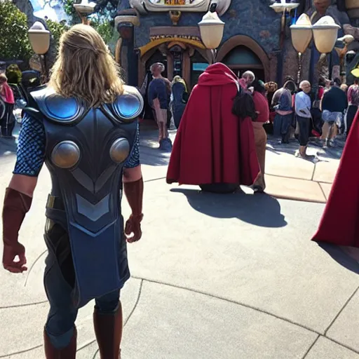 Prompt: Thor standing in line for a ride in DisneyLand