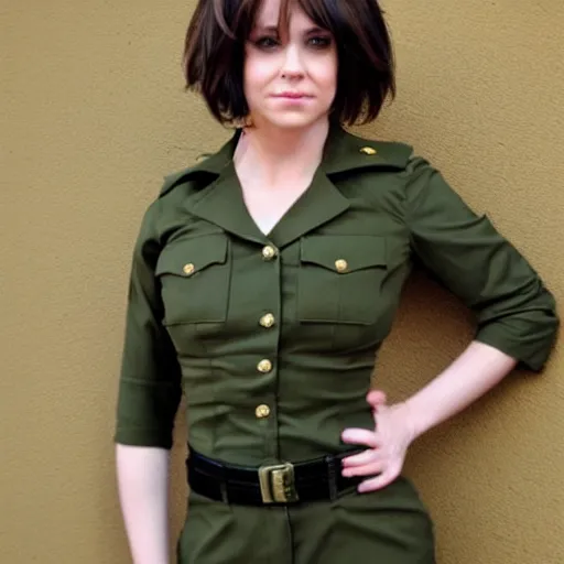 Image similar to brunette, short flipped out hair, green eyes, military uniform, smirk