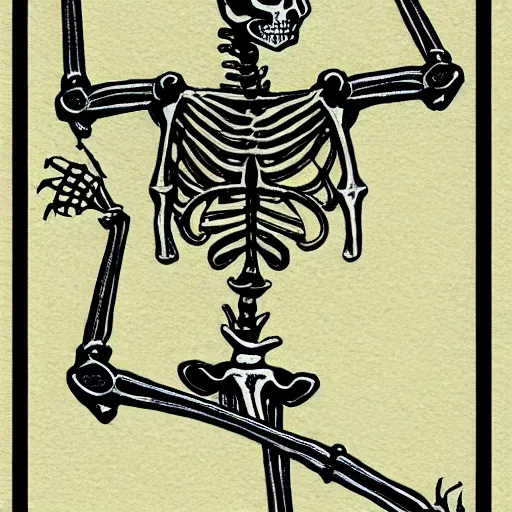 Image similar to tarot card style skeleton made from metal and wires, extremely detailed, line work, black and green, parchment, card, tarot, manuscript, 8 k