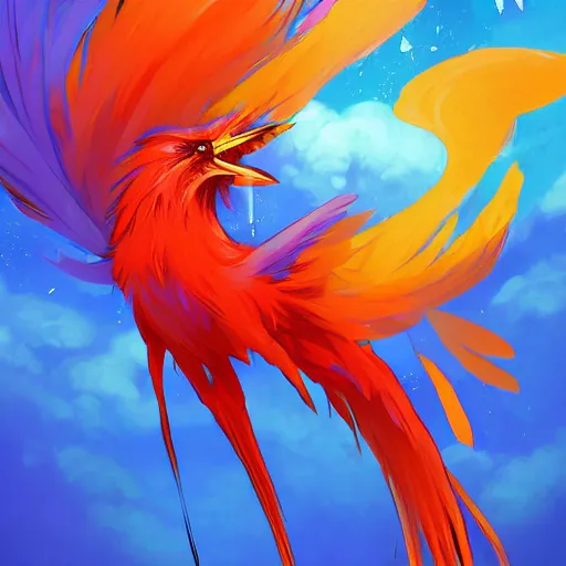 Image similar to anime painting frantic cute fiery bird zipping around, wanting to explore and investigate everything. it\'s curiosity is unbounded and insatiable, digital art, trending on artstation, stylized, colorful feathers, anime art by Kuvshinov Ilya, lariennechan, Aokamei