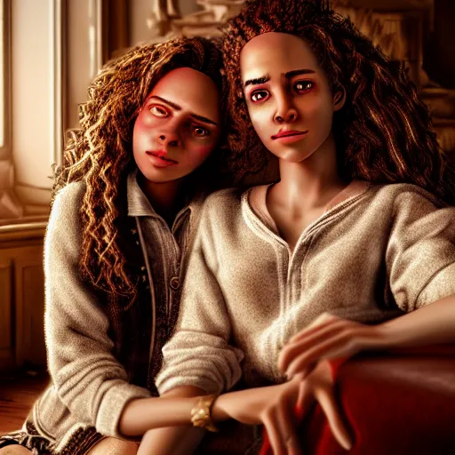 Prompt: intricate beautiful hyperreal portrait of a hermione granger and hermione granger, smiling softly, casual clothes, relaxing on the couch, home interior, golden hour, close up shot, 8 k, art by irakli nadar, hyperrealism, hyperdetailed, ultra realistic