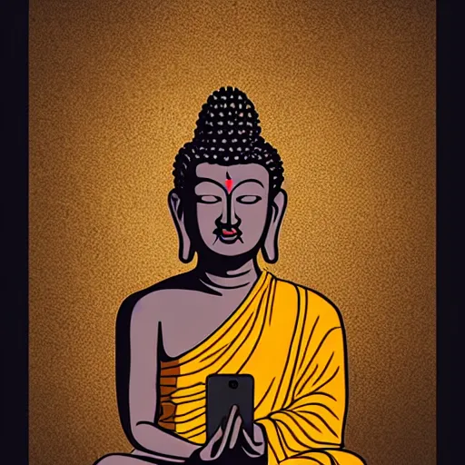 Prompt: buddha as a cool dude checking his smartphone
