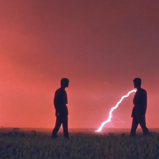 Image similar to cinematic still of silhouettes of two men fighting in ancient clothing, farm field background, red hues, lightning, directed by Russell Mulcahy