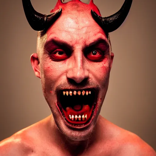 Image similar to a man with horns growing from his head. a black dot. red eyes and sharp teeth. portrait photography, studio lighting, cinematic, chilling 4 k