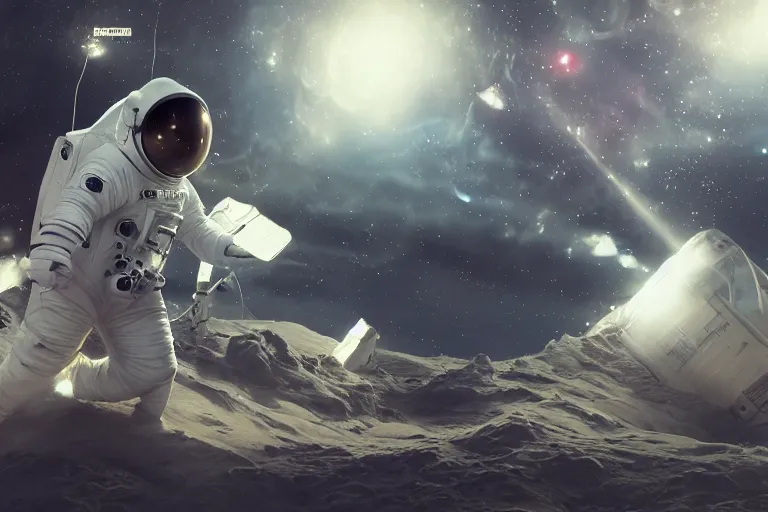 Image similar to astronaut chasing a distant spaceship Anime, wide angle, fine details, cinematic. galaxy starscape. realistic shaded lighting by Ilya Kuvshinov Giuseppe Dangelico Pino and Michael Garmash and Rob Rey greg rutkowski, octane render, IAMAG premiere, aaaa achievement collection, elegant freckles, cinematic hologram, fabulous, daily deviation, annual award winner