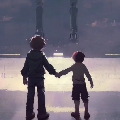 Prompt: a little boy holding hands with an enormous robot. detailed. by greg rutkowski. makoto shinkai. krzysztof maziarz.