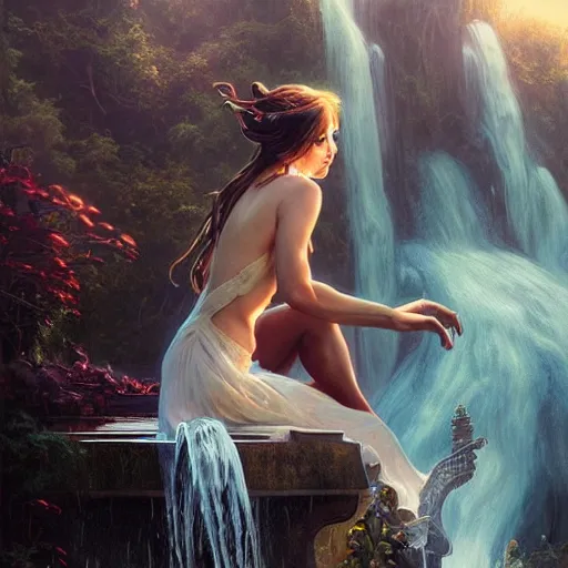 Image similar to fantasy maiden sitting on top of a piano combined with waterfall, nature, realistic, cinematic lighting, highly detailed, digital painting, Artstation popular, illustration, art by Artgerm and Greg Rutkowski and Alphonse Mucha