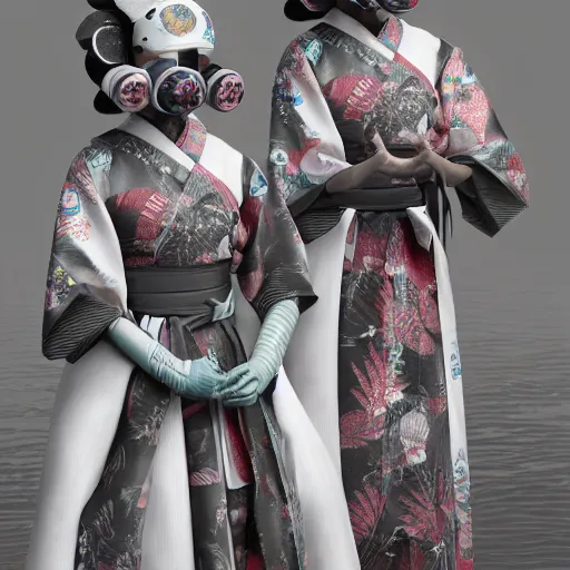 Image similar to japanese android geishas in a ceremony with extremely detailed respirators and head gear, inspired by die antwoord beautiful, hand painted textures, cloth physics, deviantart, karol bak, masamune shirow, black and white, beautiful kawaii lighting, photorealistic, concept art, perfect render, 3 d render, pixar, 8 k