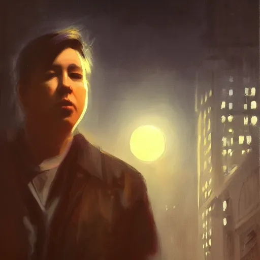 Prompt: closeup portrait of a young bill hicks, dramatic lighting, city background, night, moon, chiaroscuro, high detail, painted by greg rutkowski, painted by igor kieryluk, painted by bobby chiu, trending on artstation