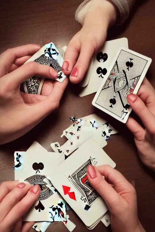 Image similar to firts person view of female hands looking at the table full of playing cards, esp cards, tarot cards, crystall ball, realistic, modern, intricate, elegant, highly detailed, digital painting, artstation, concept art, addiction, chains, smooth, sharp focus, illustration, art by ilja repin