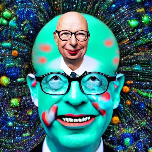 Image similar to uhd photorealistic portrait of cosmic clown made of bugs, in the image of klaus schwab, wearing authentic clown costume and real bizarre clown makeup, correct face, accurate faces, intricate details, intricate cllown makeup