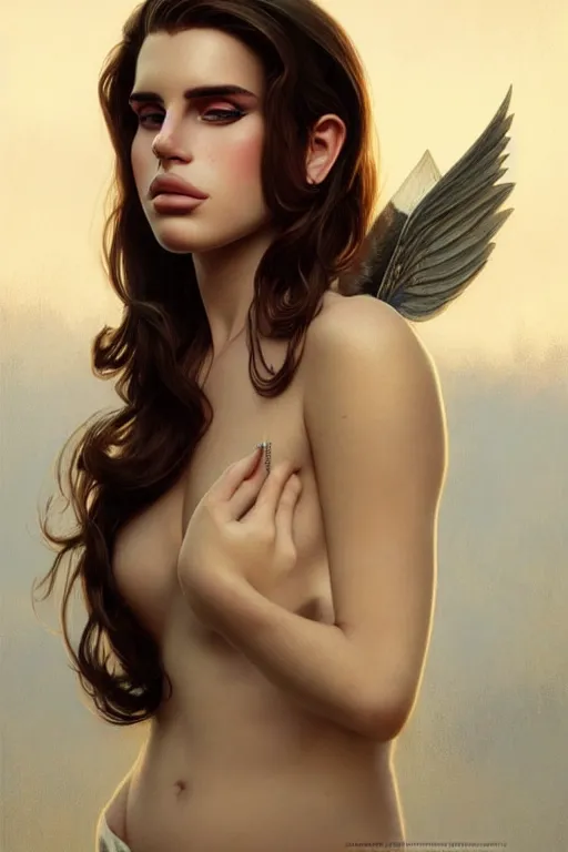 Image similar to photorealistic portrait of a young butch lana del rey, handsome, female, masculine, upper body, fantasy, fierce, sharp features, intricate, elegant, highly detailed, digital painting, artstation, concept art, matte, sharp focus, illustration, art by artgerm and greg rutkowski and alphonse mucha