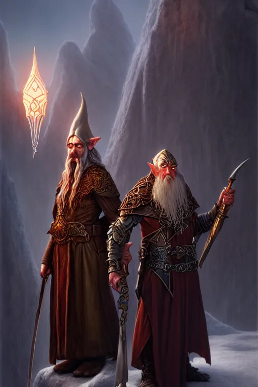 Prompt: a portrait of an elven wizard next to a dwarf paladin, grimdark extremely detailed fantasy art by Gerald Brom, octane render