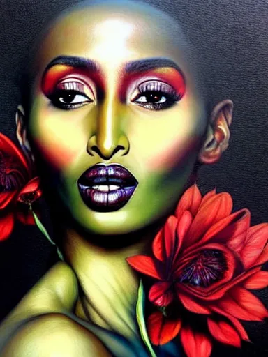 Image similar to portrait of iman with a floral background : : painted by artgerm, karol bak, artur bordalo, sandra chevrier : : portrait, character, illustration, hyperrealism, photorealism