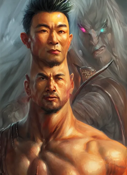 Image similar to muscly asian man mid parted hair, dndbeyond, bright, colourful, realistic, dnd character portrait, full body, pathfinder, pinterest, art by ralph horsley, dnd, rpg, lotr game design fanart by concept art, behance hd, artstation, deviantart, hdr render in unreal engine 5