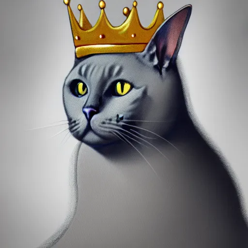 Prompt: gray burmese cat wearing royal crown and robes sitting on thrown, artstation, fantasy